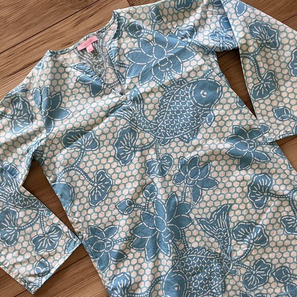 LILLY PULITZER Fish Lotus Pond Print Tunic Style Dress Blue White Girl’s Size L - Picture 3 of 3